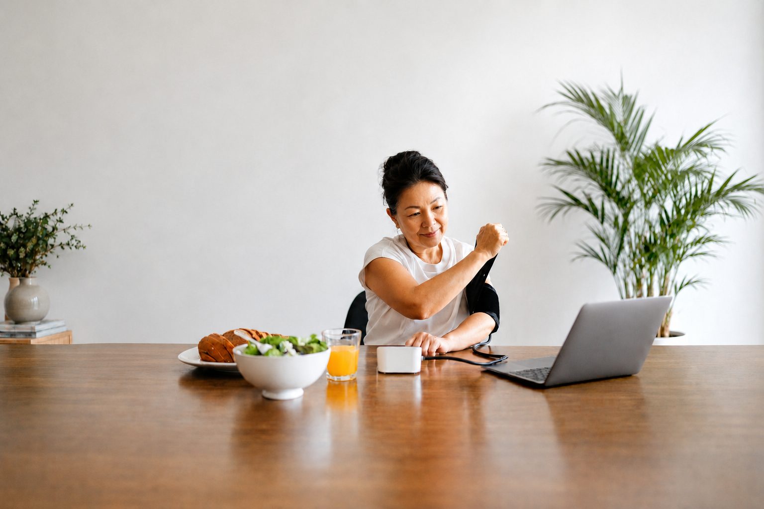 Senior woman checking blood pressure at home, empowered by digital health technology